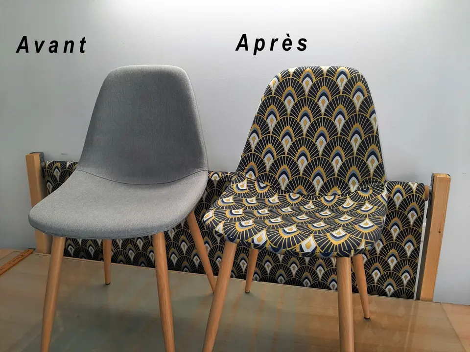 Chaise scandinave avant et après recouvrement, côte à côte